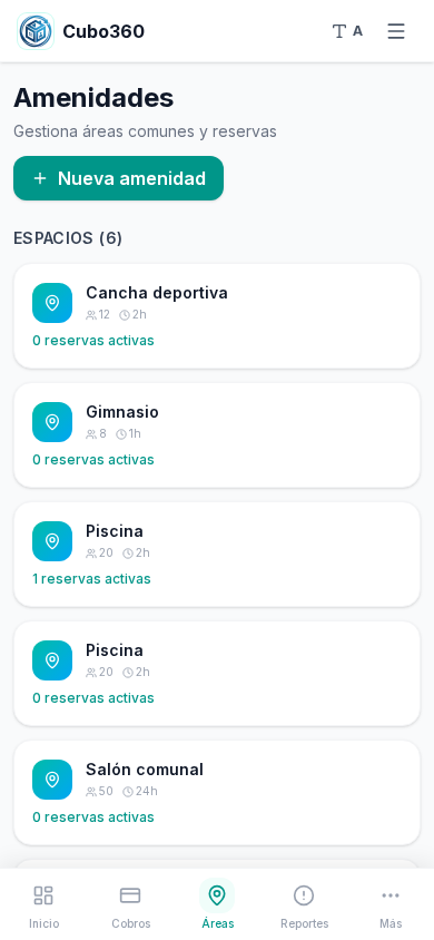 Cubo360 — amenidades y reservas